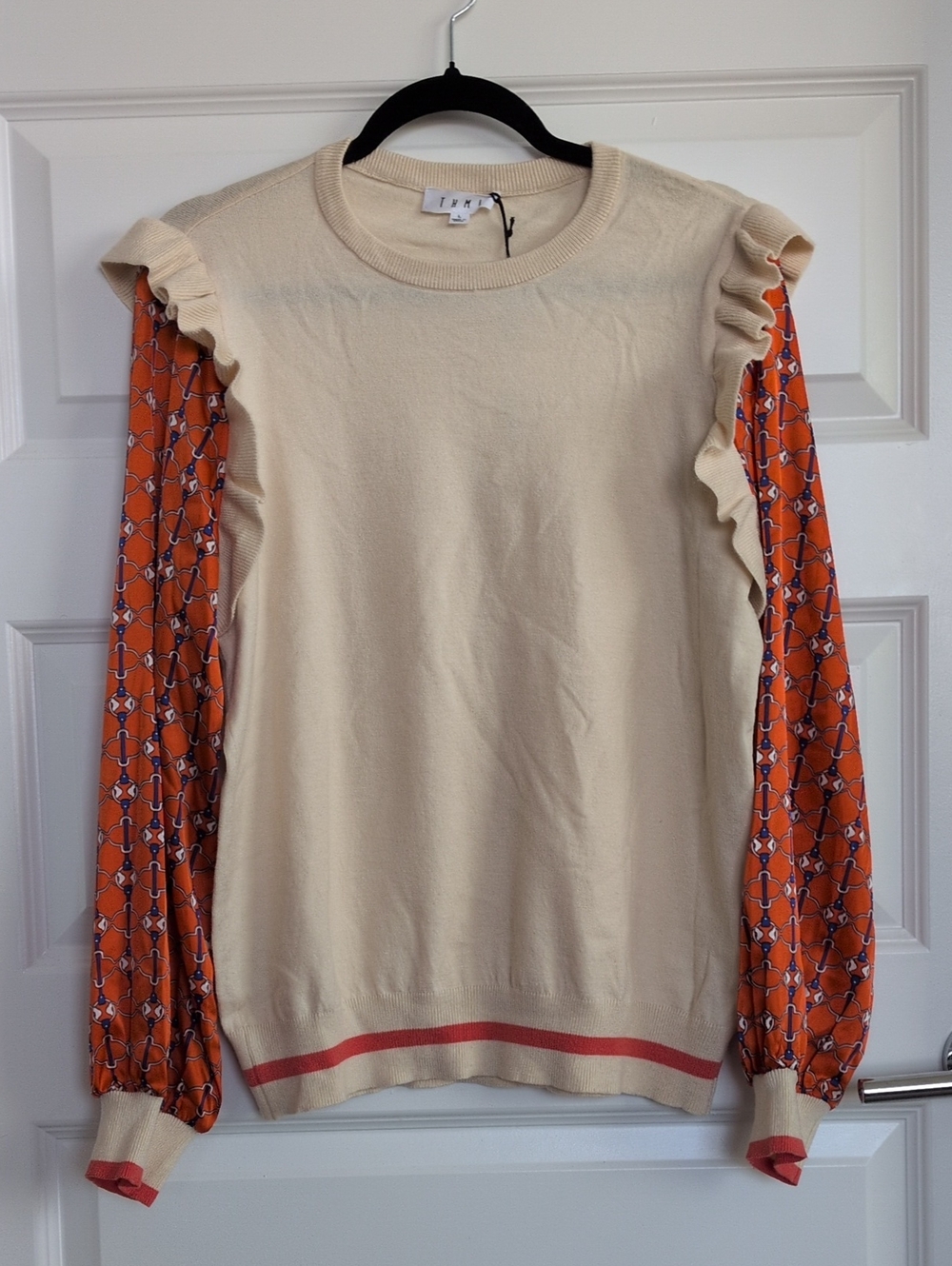 THML Ivory Sweater With Orange Print Sleeves